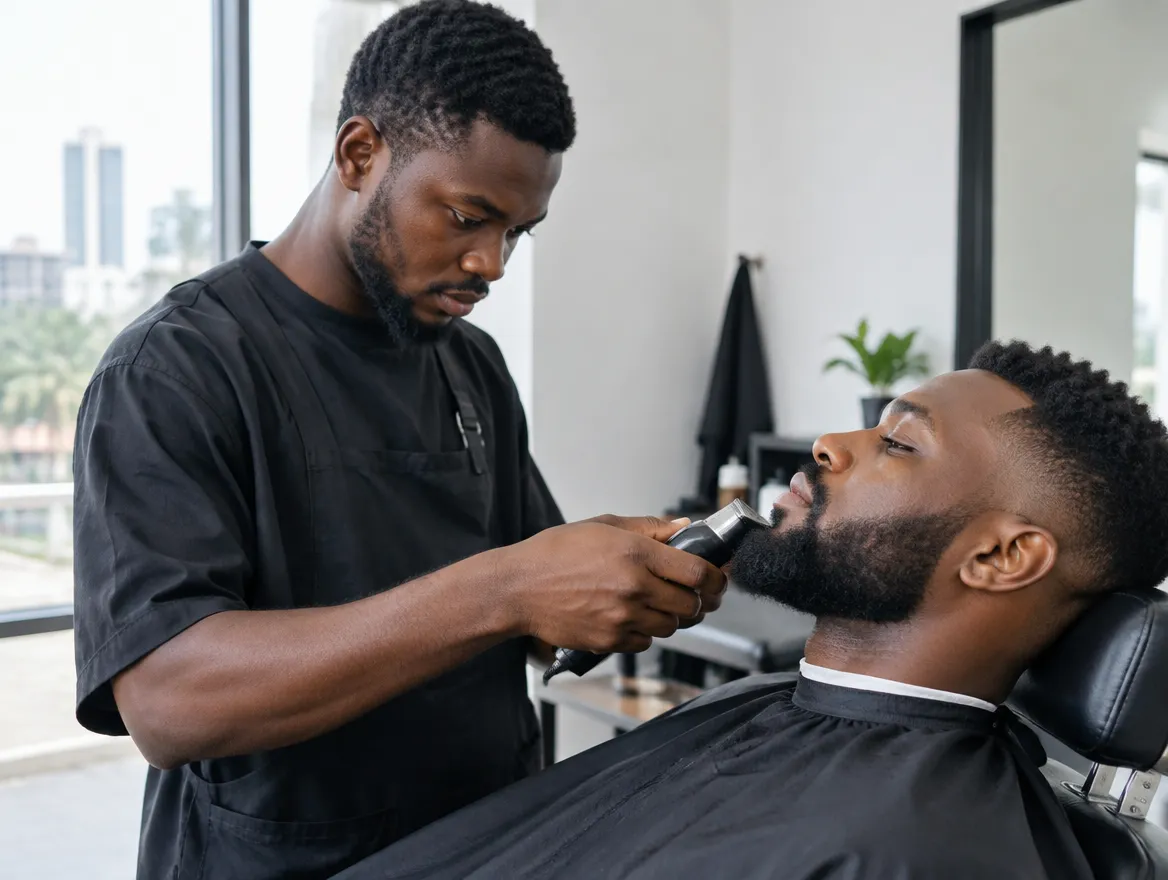 A barber shapes a customer's beard