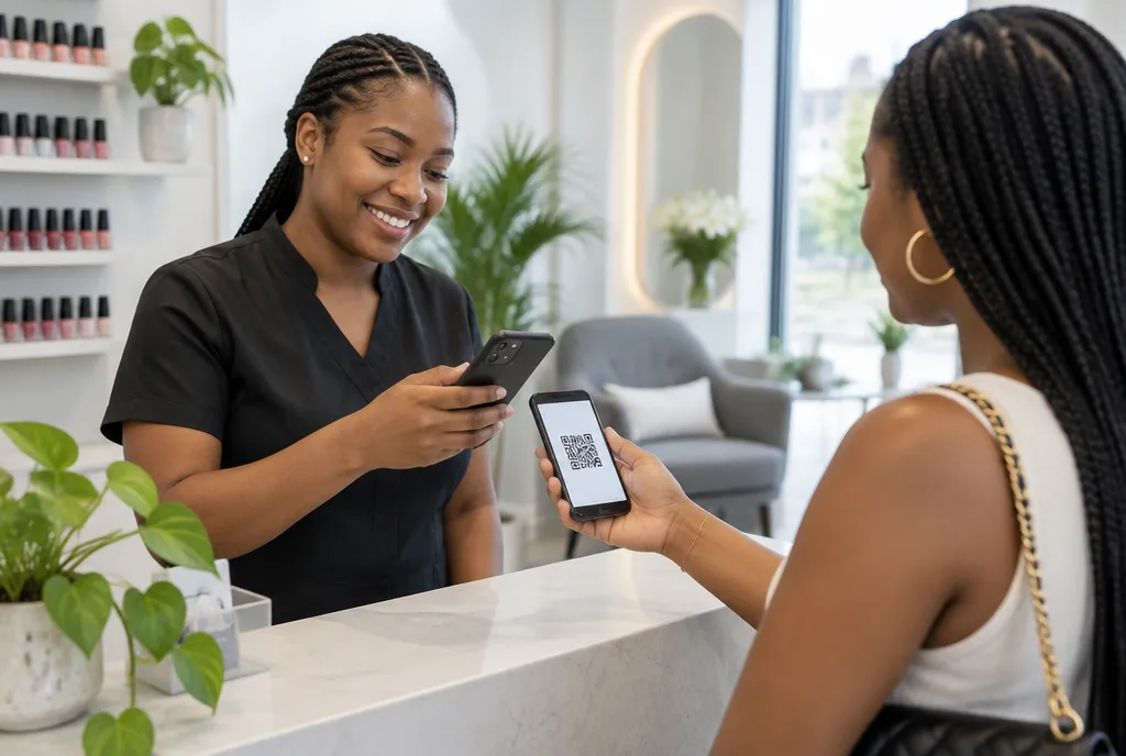 At a salon's front desk, the professional scans a customer's check-in code on her phone