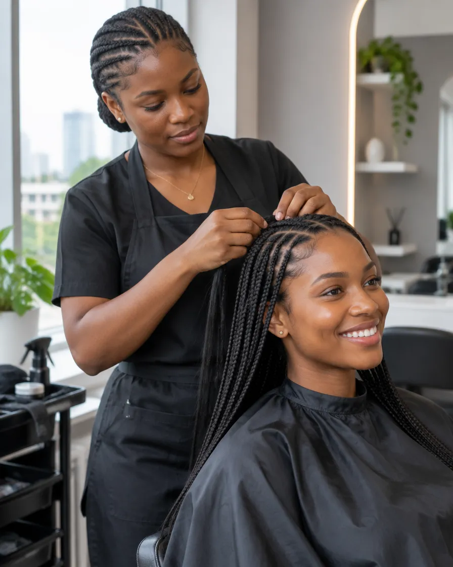 A stylist braids a customer's hair in a bright Lagos salon